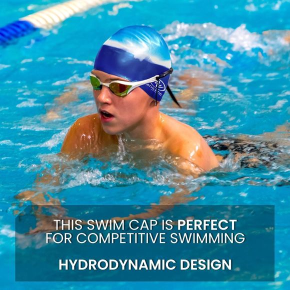 Athletic Works Junior Size Blue Multi Silicone Swim Cap New - Picture 2 of 5